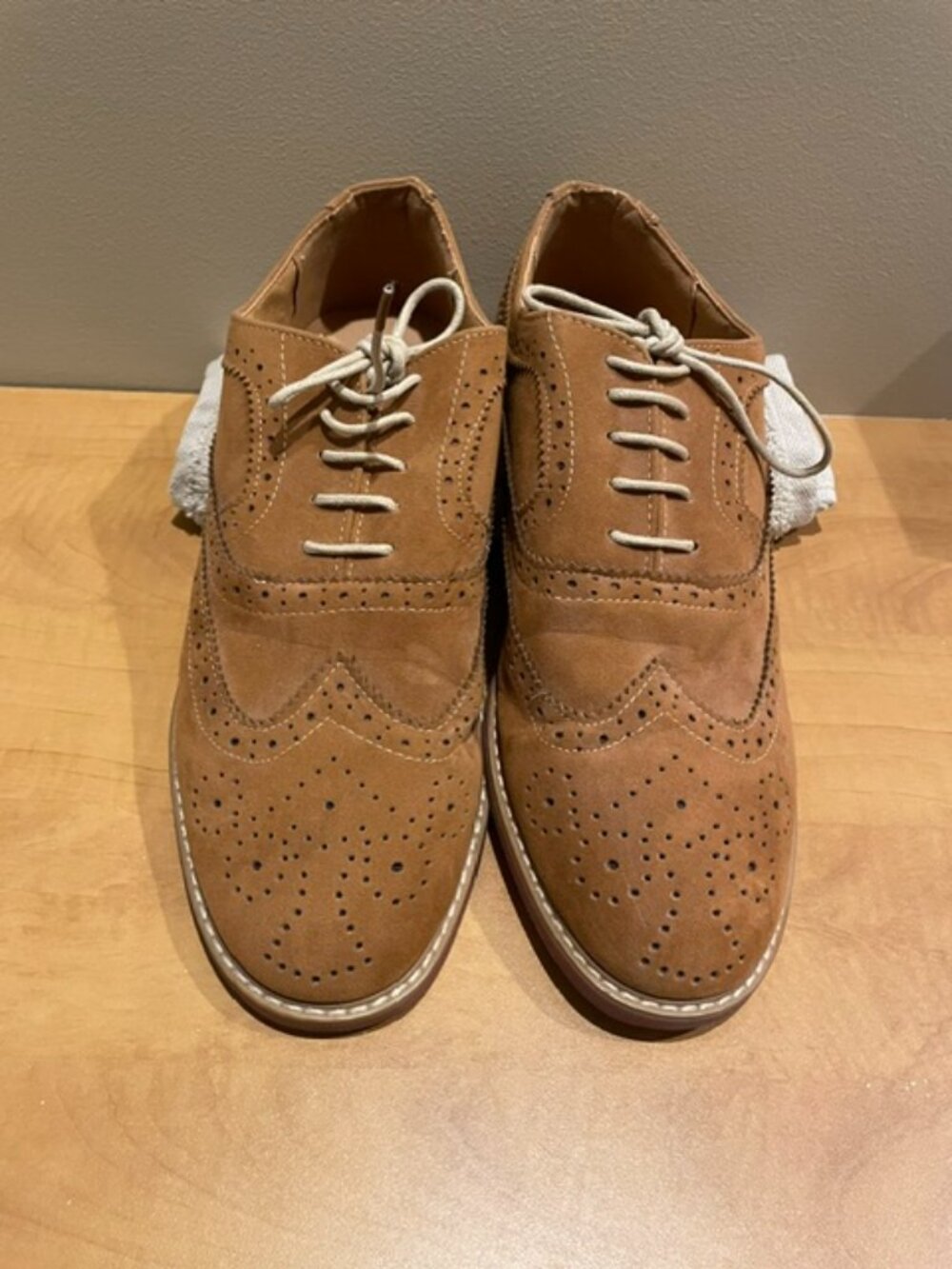 Men's A and Z  shoes by Aldo, brown suede brogue in color honey. Wing tip style